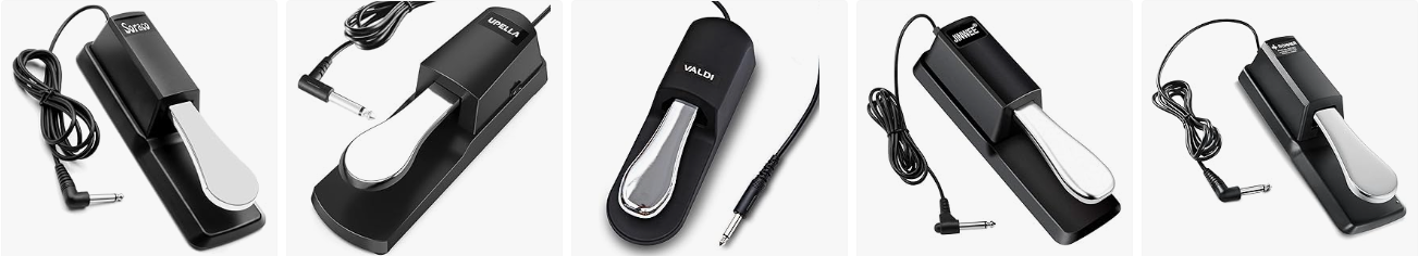 Piano sustain pedals including single and triple pedal units for digital pianos